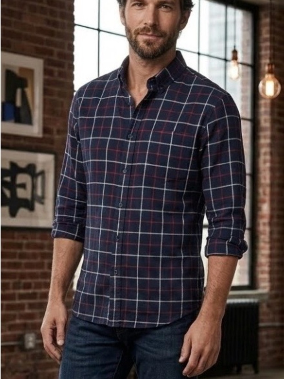 Banana Republic Navy Plaid Button-Down Shirt with Red & White Windowpane